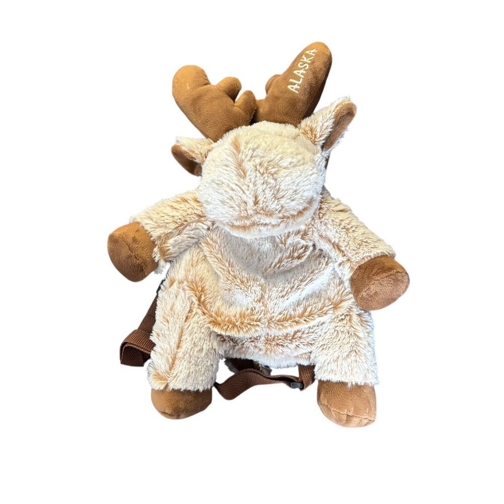 Moose Plush Backpack Alaska Souvenir Adjustable Straps Zipper Soft Brown Beige